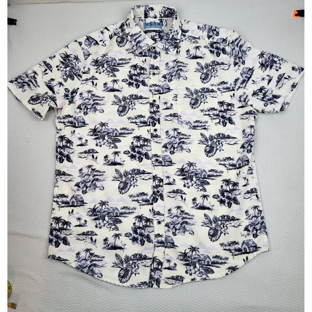 Hawaiian Shirt Mens Large White Purple All Over Print Palm‎ Trees Button Up